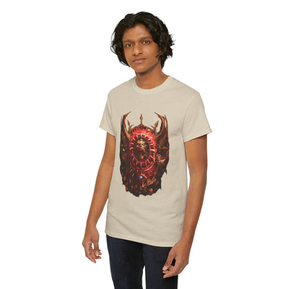 Sophisticated graphic cotton t-shirt with a bold Warhammer design, showcasing ornate details and rich colours, worn by a model.