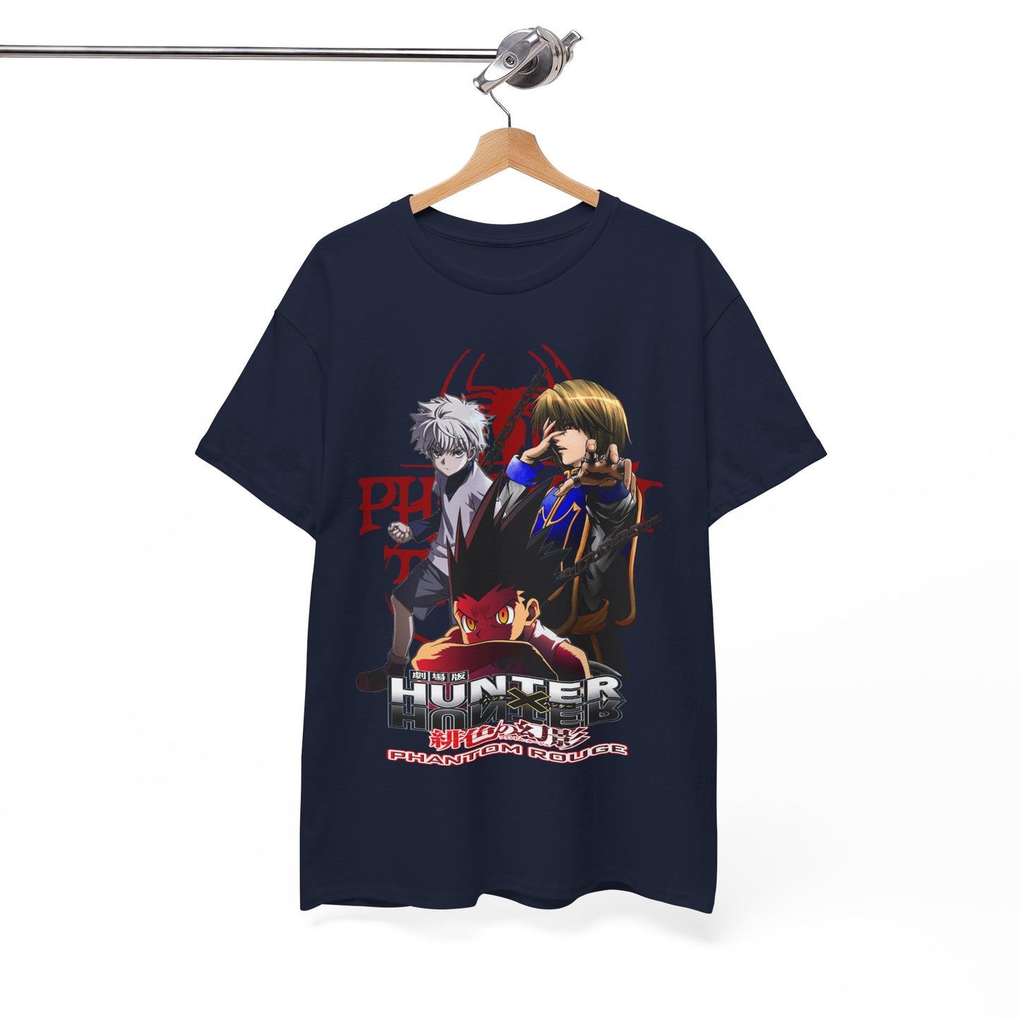 Luxurious navy T-shirt featuring dynamic artwork of iconic characters from Hunter x Hunter: Phantom Rouge, showcasing Gon, Killua, and Hisoka, perfect for anime aficionados.