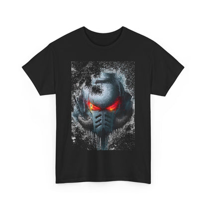 Elegant black cotton tee showcasing a detailed graphic of a mysterious helmet, evoking sophistication and intrigue with its vibrant red eyes and splattered ink artistry.