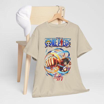 Chic men’s beige graphic t-shirt draped over a modern wooden chair, showcasing a lively illustration that embodies adventure and enthusiasm.