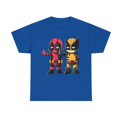 Deadpool and Wolverine Humorous Graphic Unisex Tee Shirt in blue, presenting charming chibi renditions of the legendary duo.