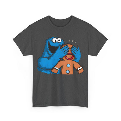Charming Cookie Monster guess who graphic tee shirt, vividly illustrating the playful interaction between Cookie Monster and a gingerbread man, perfect for adding whimsy to any elegant wardrobe.