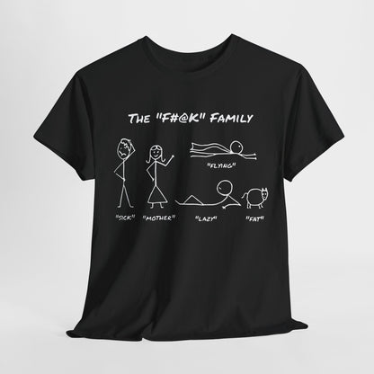 Luxury unisex cotton tee featuring "THE FAMILY" graphic design, showcasing minimalist stick figures with humorous labels like "SICK", "MOTHER", "FLYING", "LAZY", and "FAT" against a classic black background.