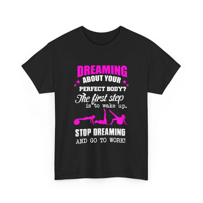 Stylish front view of a black women's motivational t-shirt featuring inspiring text, tailored for motivation and a confident look.