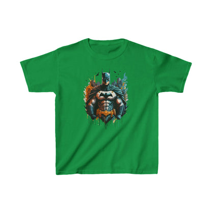 Childs Unleash the Power of Gotham: Batman Graphic Unisex Graphic Tee Shirt Kids in green, artfully depicting Batman in a central graphic with striking colours, ideal for showcasing superhero enthusiasm.