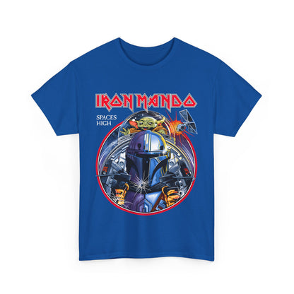 Iron Mando Graphic Tee in blue featuring a dynamic Mandalorian design with intricate details, a luxurious tribute to the Star Wars legacy.