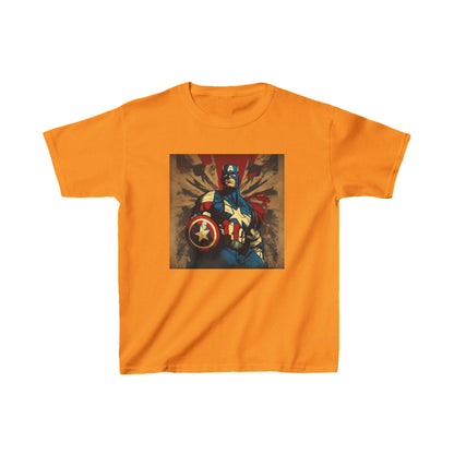 Kids Captain America Heavy Cotton T-Shirt in Bright Orange, designed with an eye-catching Captain America print, ideal for vibrant superhero escapades.