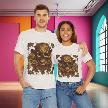 Stylish couple showcasing the Skulls and Roses Cotton Tee, a luxurious unisex graphic shirt featuring an intricate skull and rose design, perfect for alternative fashion enthusiasts.