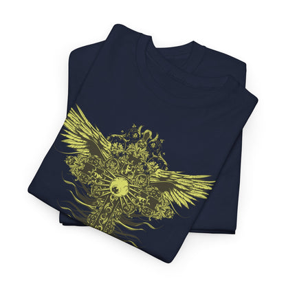 Exquisite presentation of two navy blue men's t-shirts elegantly folded, showcasing a stunning celestial cross and wing design in luminous gold tones.