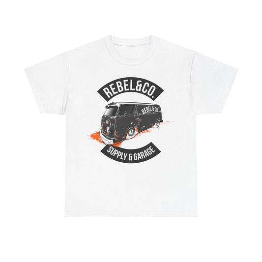 Luxurious white men's t-shirt featuring a vintage camper van graphic with 'REBEL&CO.' and 'SUPPLY & GARAGE' typography, perfect for stylish adventures.