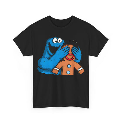 Cookie Monster guess who Graphic Unisex Tee Shirt featuring a whimsical illustration of Cookie Monster playfully obscuring a gingerbread man's eyes, crafted from luxuriously soft fabric.