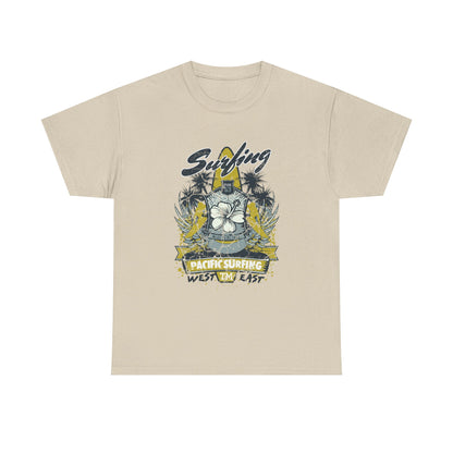 Luxurious beige vintage surf culture graphic tee featuring a distinctive surfing emblem, palm trees, and hibiscus design, perfect for beach enthusiasts.