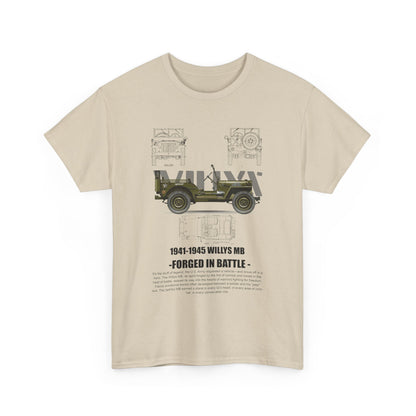 Luxurious men's t-shirt featuring a vintage 1941-1945 Willys MB jeep design with artistic black-and-white line drawings and a rich olive drab colour, showcasing military heritage and craftsmanship.