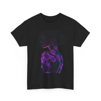 Elegant view of the 'Tattooed Beauty' unisex graphic t-shirt showcasing an artistic representation of a woman's silhouette embellished with intricate purple flower tattoos, ideal for stylish self-expression.