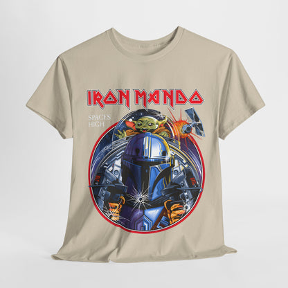 Detailed close-up of the Iron Mando graphic tee design, emphasising the striking artwork featuring a Mandalorian figure and Grogu, set against a dynamic backdrop.
