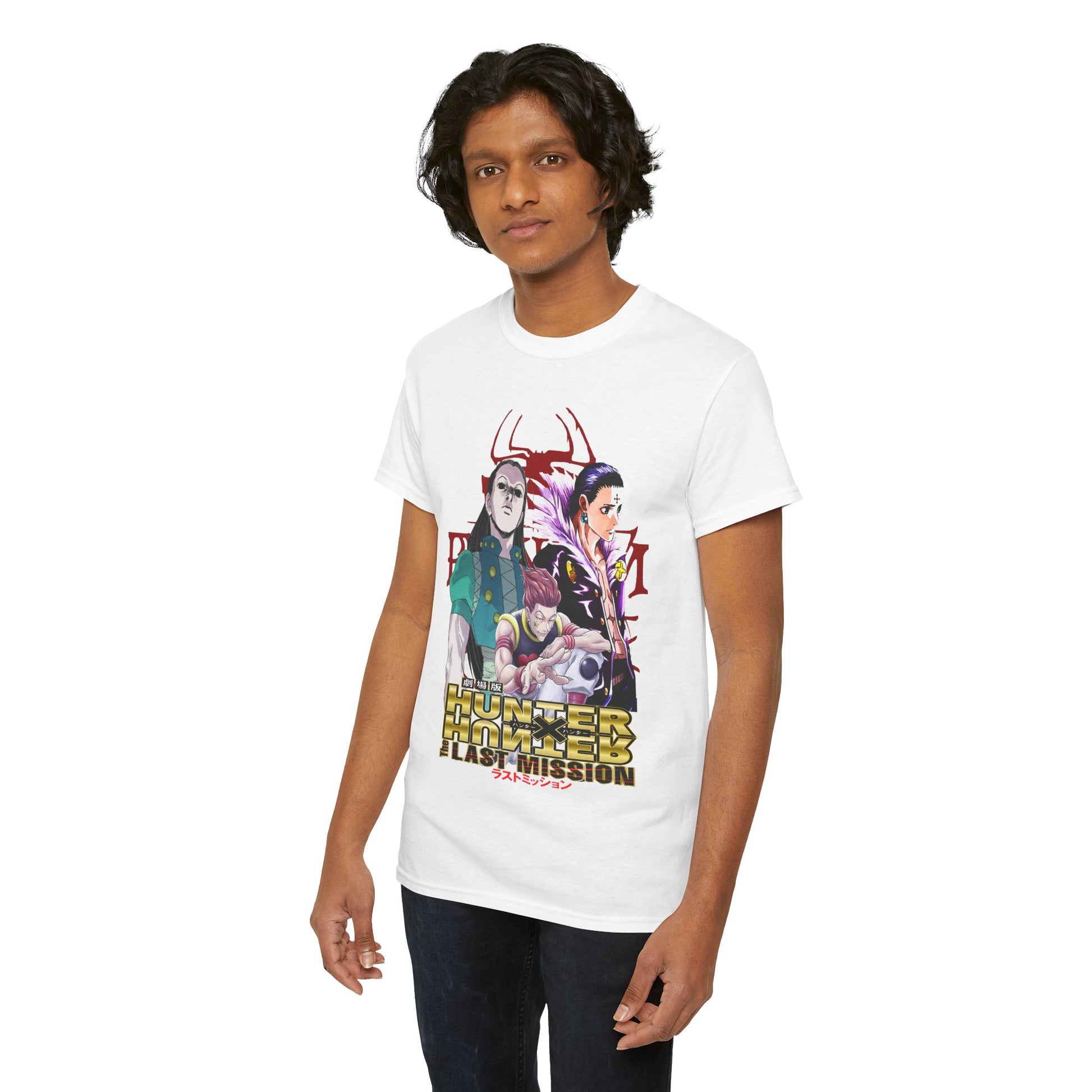 Model presenting the Hunter x Hunter T-shirt in an elegant setting, adorned with a striking design of beloved characters, ideal for any anime enthusiast’s wardrobe.