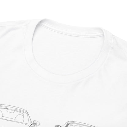 Close-up of soft white t-shirt collar featuring the Audi R8 blueprint design, reflecting luxury and attention to detail for avid car aficionados.
