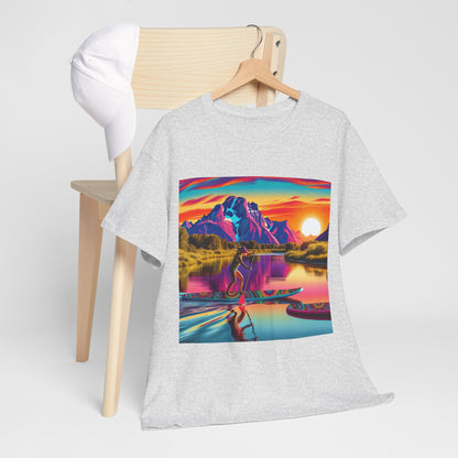 Beautiful paddleboarding scene graphic on Luxury T-Shirt by Dazzling Dreams Studio, designed for water lovers and adventure seekers looking for elegance and comfort.