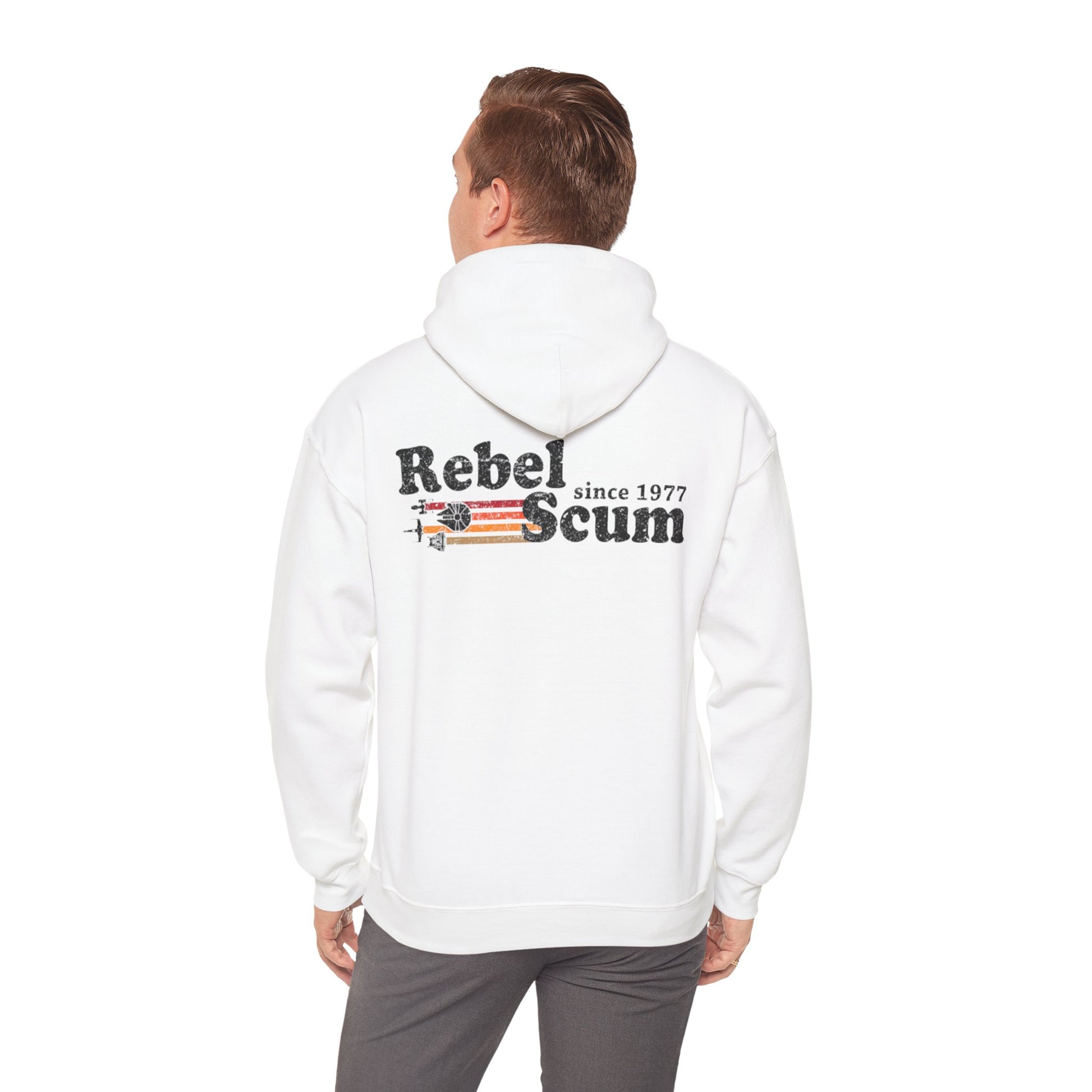Stylish model wearing a white hoodie featuring a bold 'Rebel Scum' graphic print on the back, perfect for making a fashion statement.