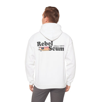 Stylish model wearing a white hoodie featuring a bold 'Rebel Scum' graphic print on the back, perfect for making a fashion statement.