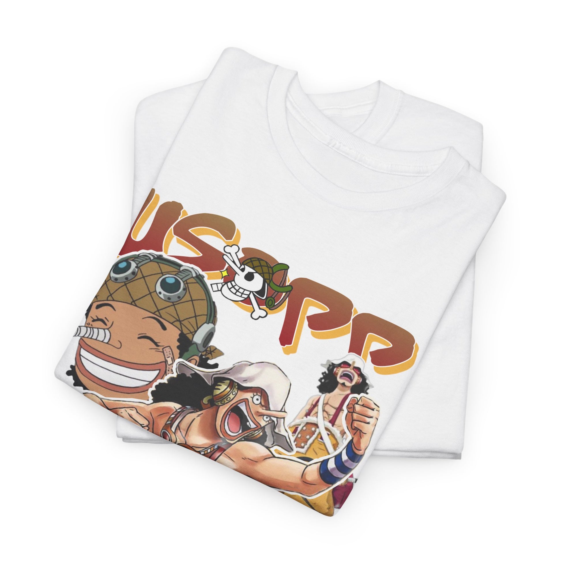 Stylish folded Anime Manga T-shirt with vibrant Usopp artwork, reflecting quality design and comfortable fabric, perfect for casual luxury.