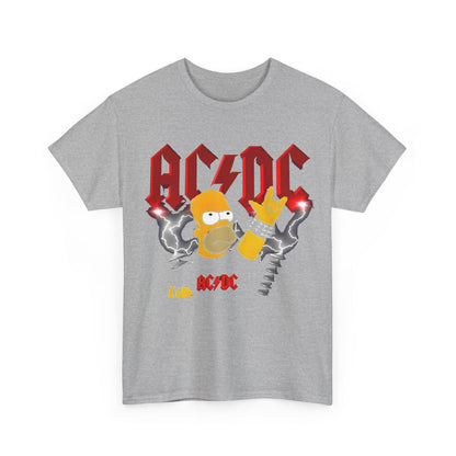 Front view of the grey variant of the Homer Rock & Roll Unisex Cotton Tee, adorned with a vibrant Homer Simpson AC/DC illustration.
