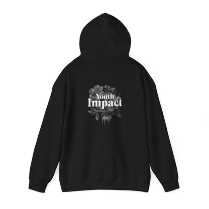 Sophisticated black hoodie showcasing an artistic back graphic stating 'Youth Impact: Spread Love, Not Hate,' surrounded by intricate floral elements.
