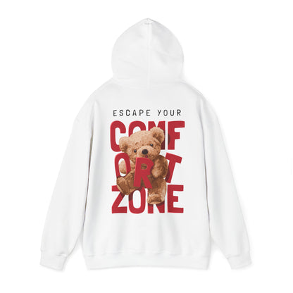 Refined white hoodie with an engaging back print, presenting the phrase 'ESCAPE YOUR COMFORT ZONE' paired with a cute teddy bear illustration.
