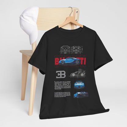 Chic display of Bugatti Chiron Men's T-Shirt on a wooden chair, styled with a matching cap, presenting high-quality design and technical specifications of the celebrated supercar.