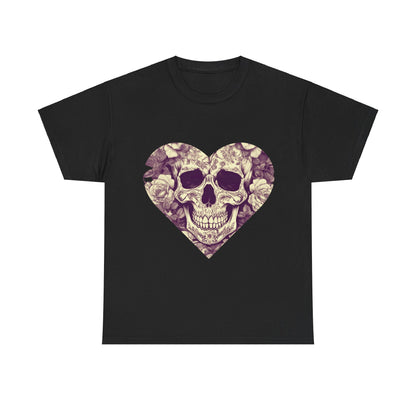 Front view of the Skulls and Roses Cotton Tee in black, showcasing the striking heart-shaped design featuring skull and rose motifs, a luxurious unisex graphic shirt choice.