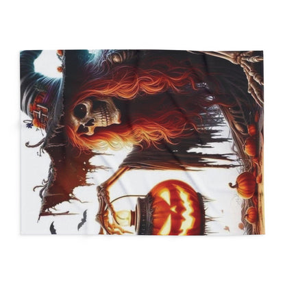 Beautifully arranged Decorative and Warm Halloween Spooky Arctic Fleece Blanket displaying a captivating design with a witch, lantern, and festive pumpkins, perfect for cozying up during spooky season.