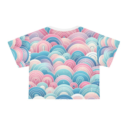 The trendy silhouette of Marcella Kensington Pastel Crop Top by Dazzling Dreams Studio, styled with high-waisted jeans for a chic fashion statement.