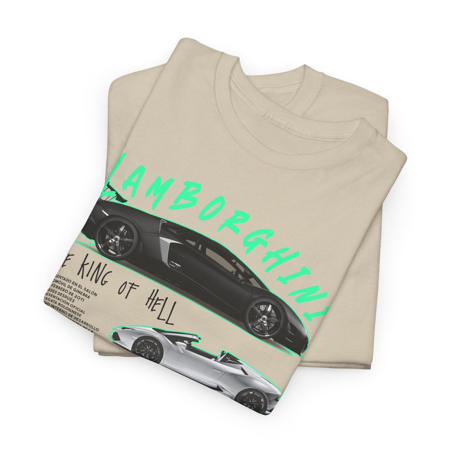 Lamborghini Aventador Men's T-Shirt featuring striking black and white car illustrations, bold turquoise typography reading 'LAMBORGHINI THE KING OF HELL', premium fabric quality.