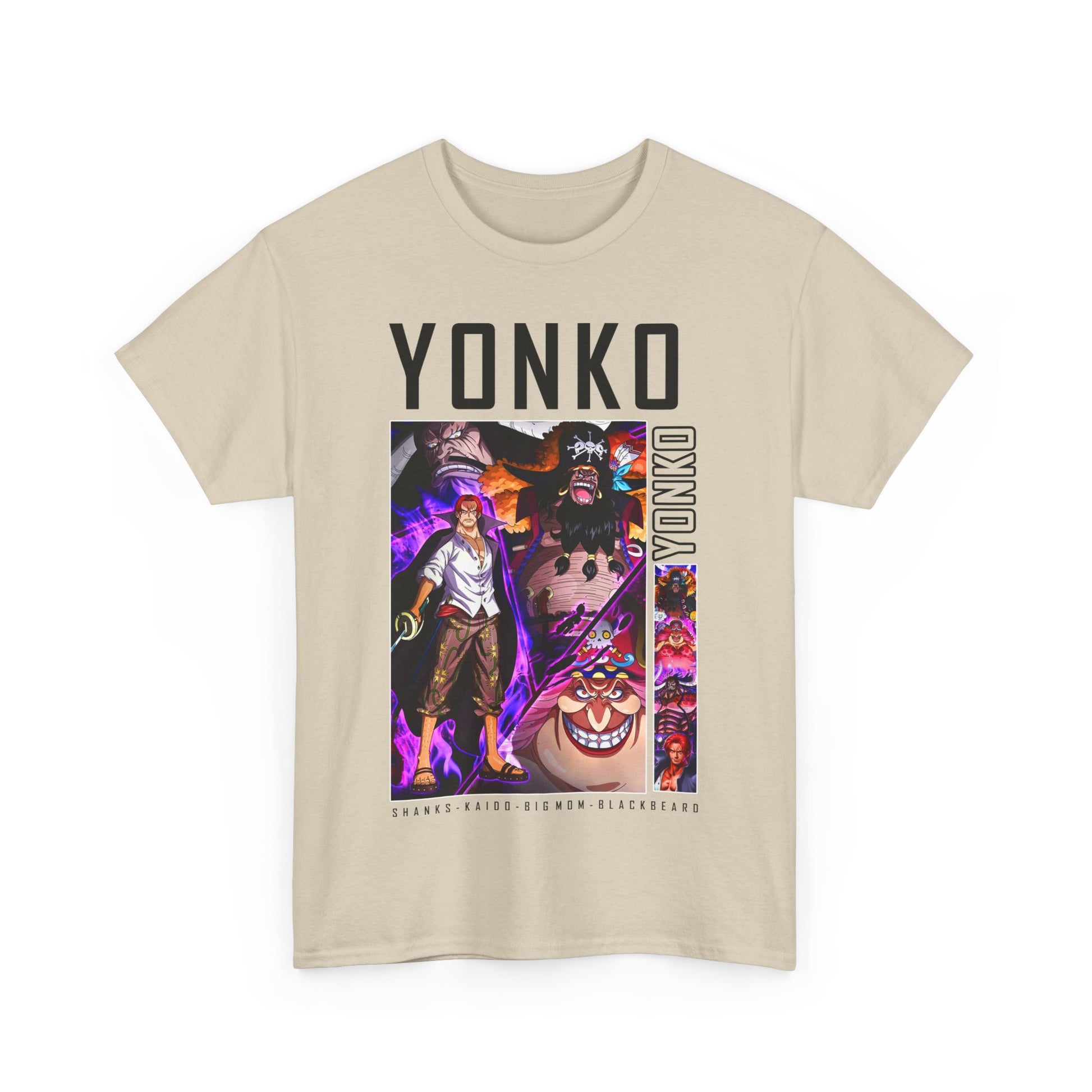 Chic cream YONKO men's t-shirt adorned with an intricate graphic design featuring Shanks, Kaido, Big Mom, and Blackbeard, representing premium anime-inspired fashion.