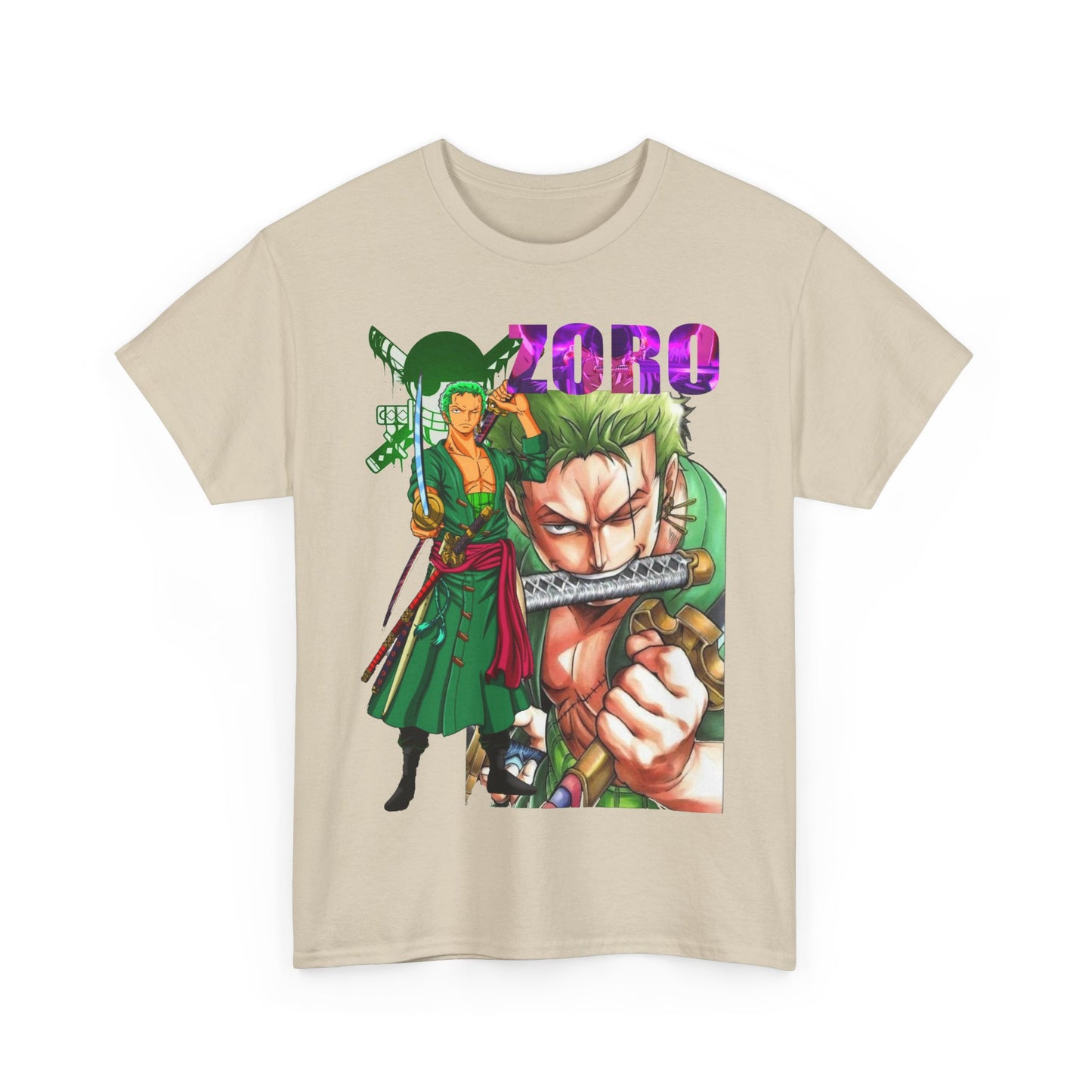 Lavishly designed Roronoa Zoro graphic t-shirt featuring bold artwork of Zoro showcasing his iconic appearance and dual swords, perfect for anime enthusiasts.