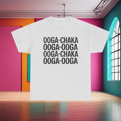 Luxurious 'Hooked On a Feeling' Graphic T-Shirt displayed in urban setting with prominent 'Ooga Chaka' print in bold typography.