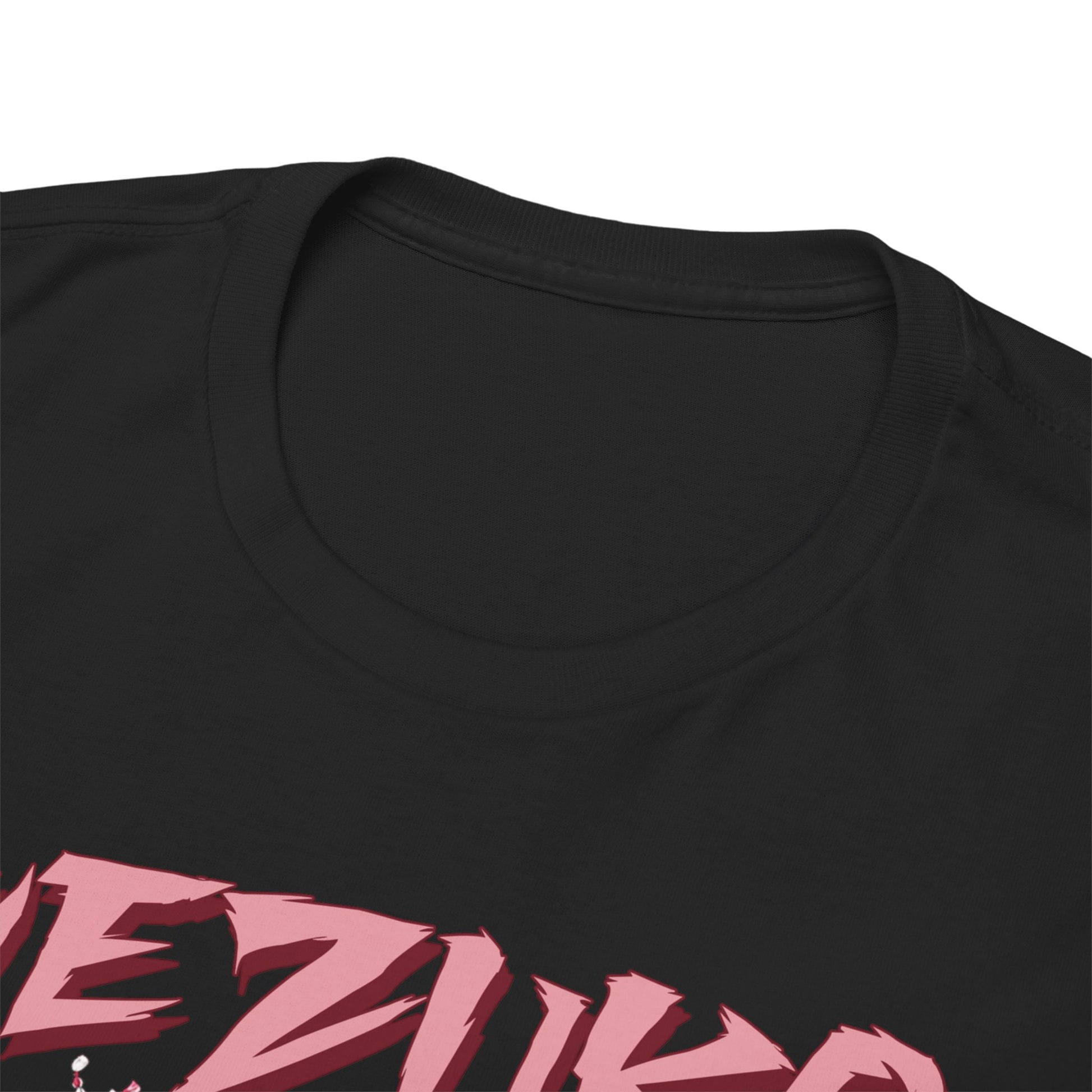 Close-up view of the neckline on a premium black Nezuko Kamado T-shirt, highlighting the quality and detail of the fabric, ideal for discerning fans.