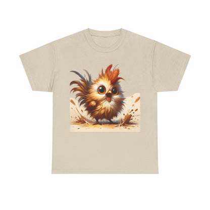Explosive Joy Tee - Cartoon Bird Edition presented on a beige unisex cotton t-shirt with an enchanting cartoon bird, capturing the essence of fun and joy.