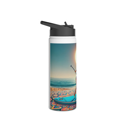 Sophisticated Fantasy Paddleboarding Stainless Steel Water Bottle adorned with vivid paddleboarding art, set against a serene coastal landscape for the adventurous spirit.