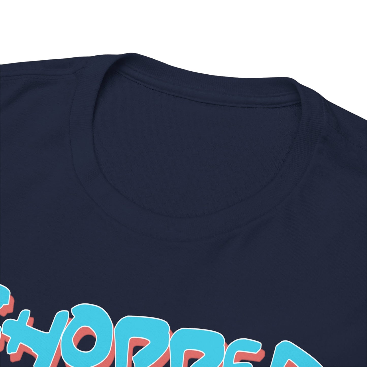 Close-up of the neckline and shoulder of a luxurious navy blue t-shirt showcasing bold typography of 'CHOPPER', ideal for stylish casual wear.