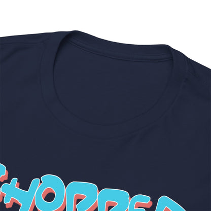 Close-up of the neckline and shoulder of a luxurious navy blue t-shirt showcasing bold typography of 'CHOPPER', ideal for stylish casual wear.
