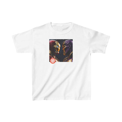 Kids Iron Man Heavy Cotton T-Shirt with Hulk Print showcasing a vibrant Iron Man and Thanos face-off design on a pristine white tee, perfect for discerning young fans.