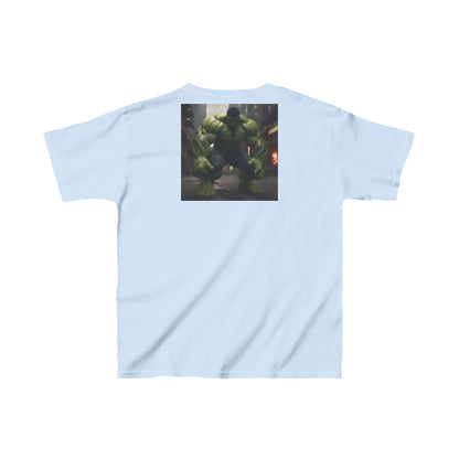 Kids Incredible Hulk Heavy Cotton T-Shirt exhibiting an impressive Hulk image on a chic light blue canvas, designed for those who dream big.