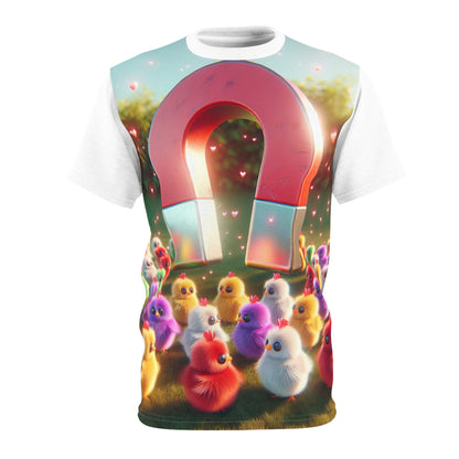 Stunning Chick Magnet Tee by Dazzling Dreams Studio featuring a vibrant graphic design of playful chicks around a colourful magnet in a sunny field, perfect for casual elegance.