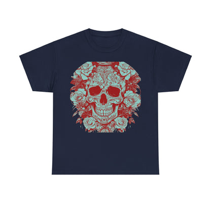 Elegant Skulls and Roses Cotton Tee in navy, displaying a striking graphic design of skulls and roses, embodying an edgy yet luxurious style.