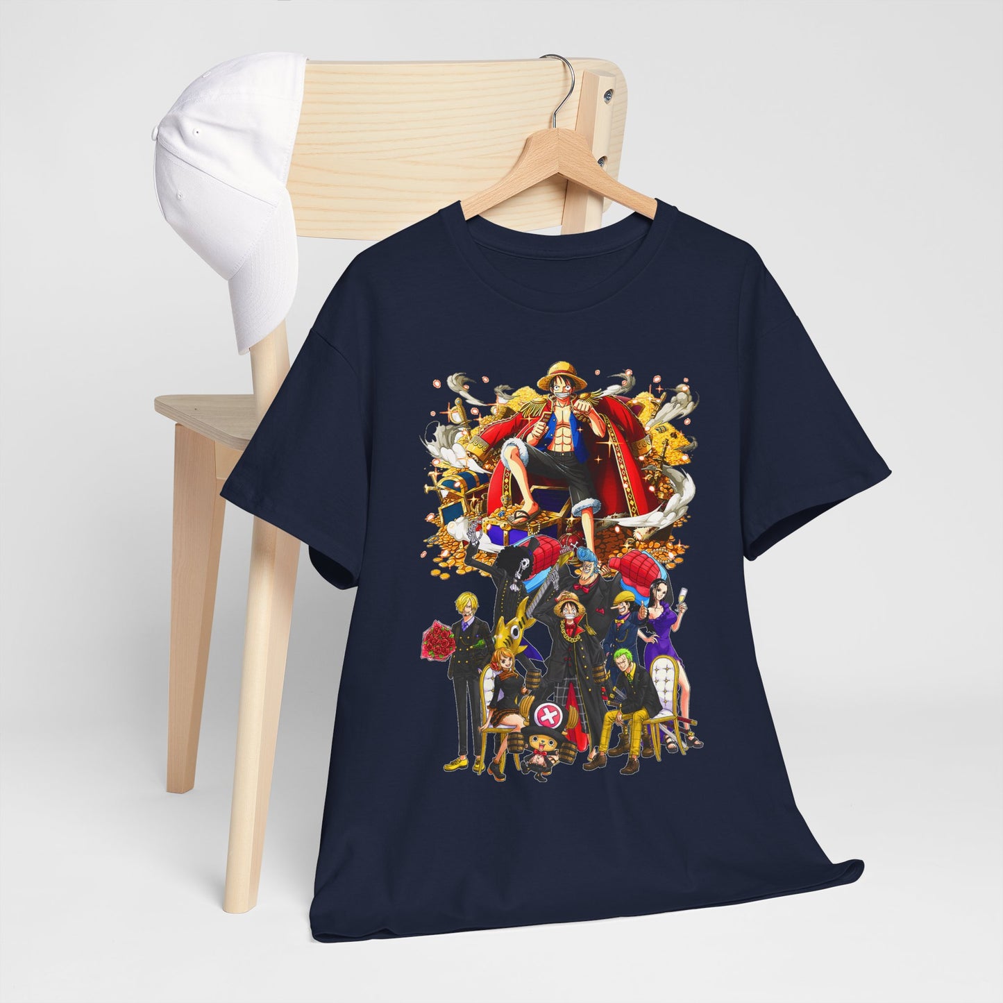 Chic navy t-shirt draped on a wooden chair, adorned with captivating anime character designs, ideal for casual yet stylish occasions.