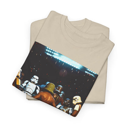 Luxurious beige men's t-shirts featuring a striking Stormtrooper design, showcasing a group of iconic characters from the Star Wars universe.