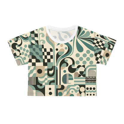 Vivienne Starlight Contemporary Crop Tee by Dazzling Dreams Studio featuring a pastel green abstract block print design, showcasing modern artistry in fashion.
