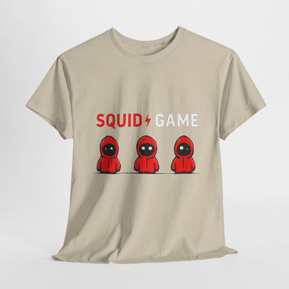 Artistically displayed beige 'Squid Game' unisex t-shirt featuring iconic red hooded figures, a statement piece for bold wardrobes.