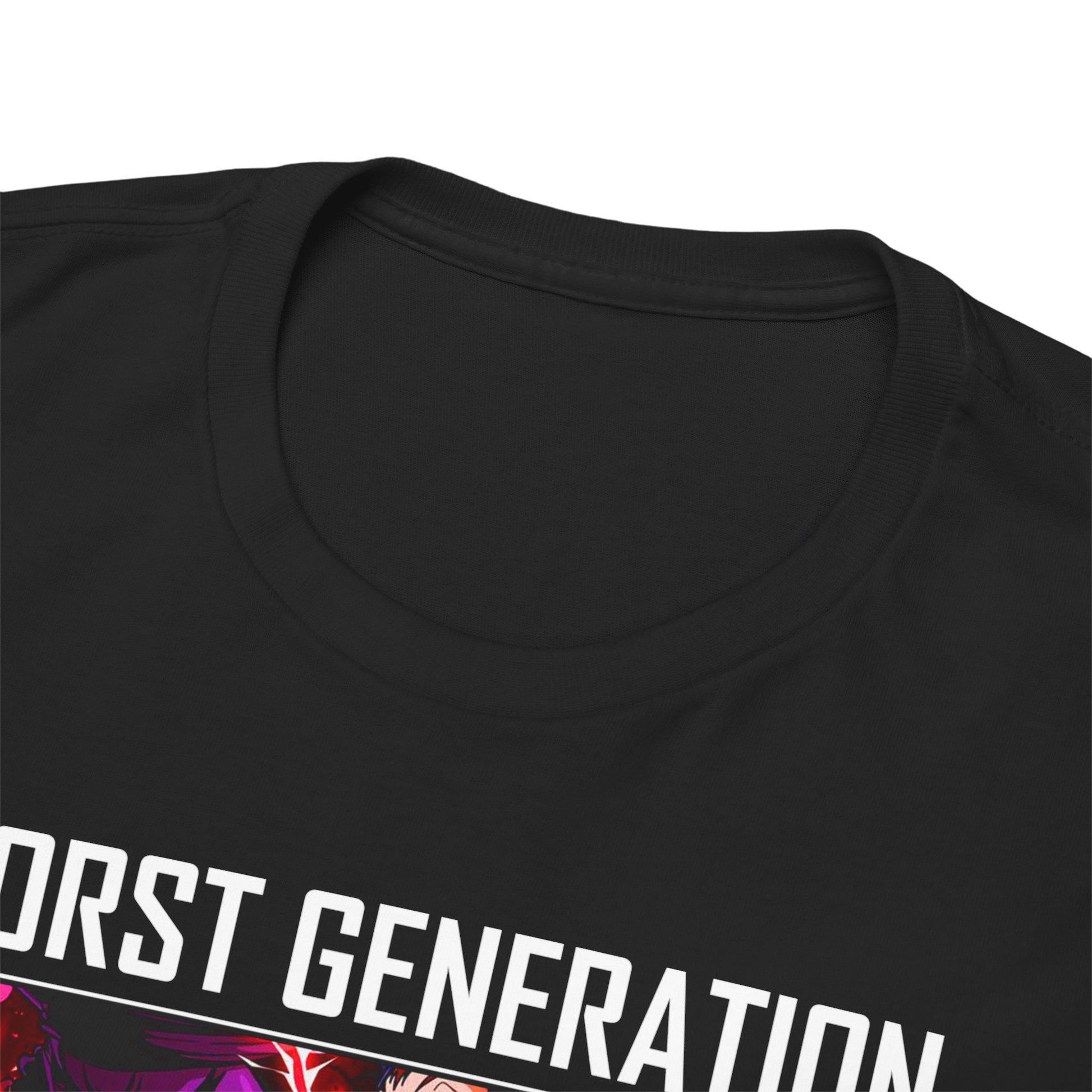 Close-up of the neckline of a luxurious black T-shirt featuring the dynamic design of the"Worst Generation" from One Piece.
